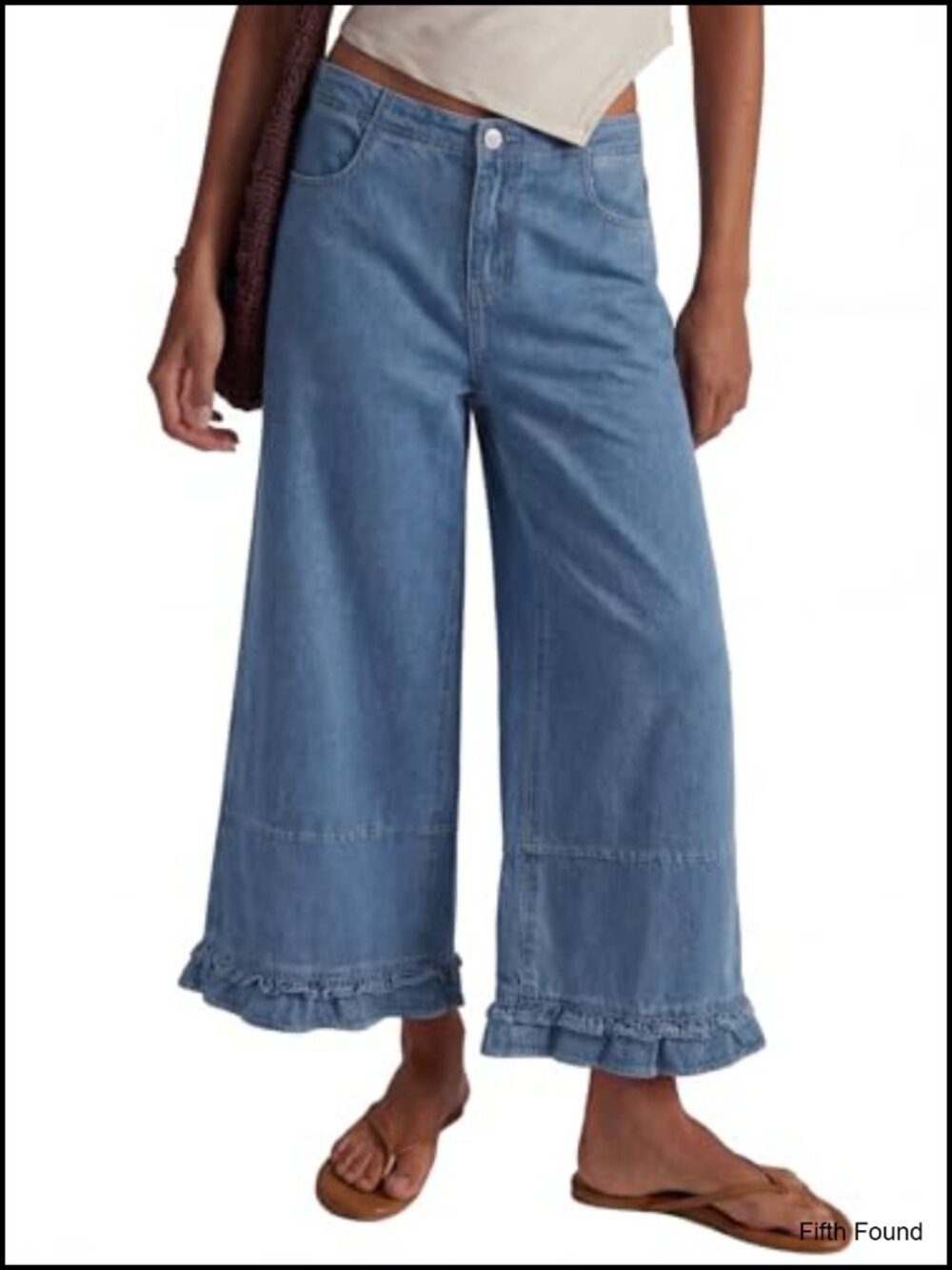 Wide Leg Jeans Ruffle Hem Cropped Cotton Denim Pants